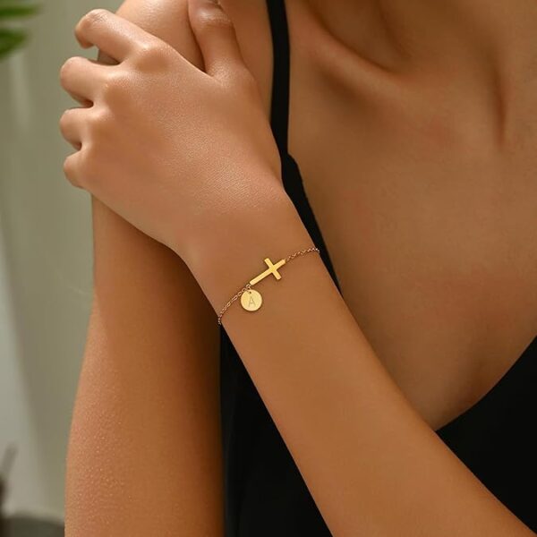 14K Gold Plated Cross Initial Bracelet - Image 2