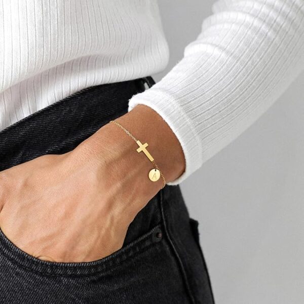 14K Gold Plated Cross Initial Bracelet - Image 3